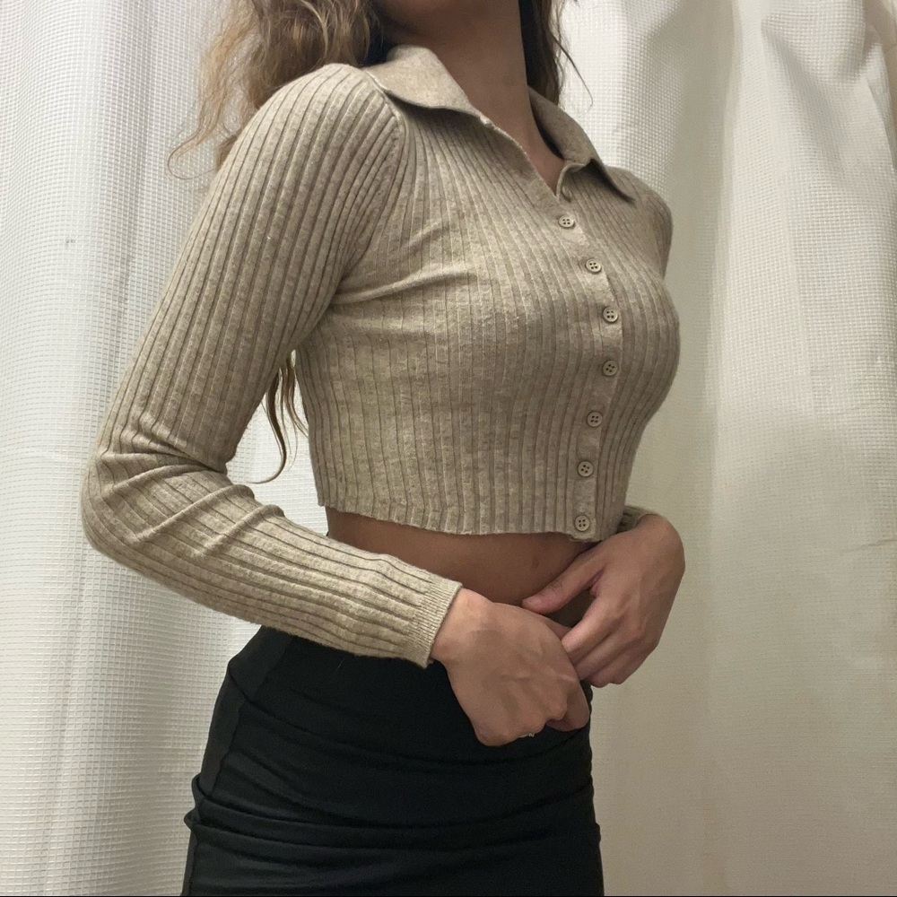Beige Long Sleeve Button Up Collared Crop Top Urban Outfitters